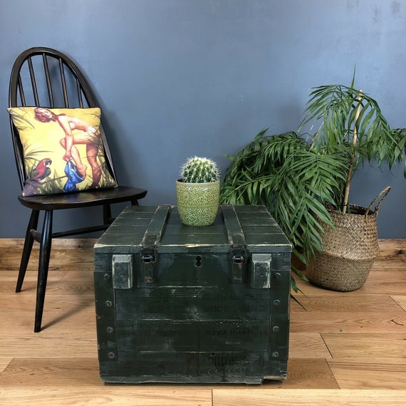 Vintage Reclaimed Pine Upcycled Army Trunk Chest Box Coffee Table Industrial