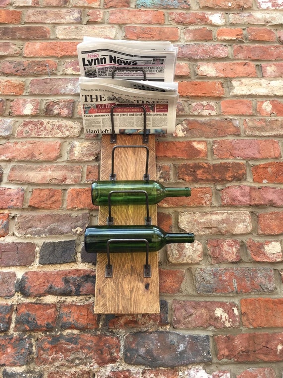 Reclaimed Wooden Pine Metal Rustic Newspaper Letter Wine Bottle Rack Holder