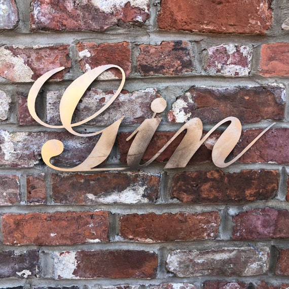 Gold GIN Word Sign Metal Shop Rustic Pub Cafe Bar Tiki Cocktails Boho Scandi
