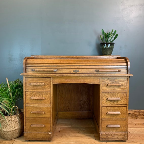 Vintage Antique Oak Roll Top Desk Office Table Sideboard Shabby Chic Rustic