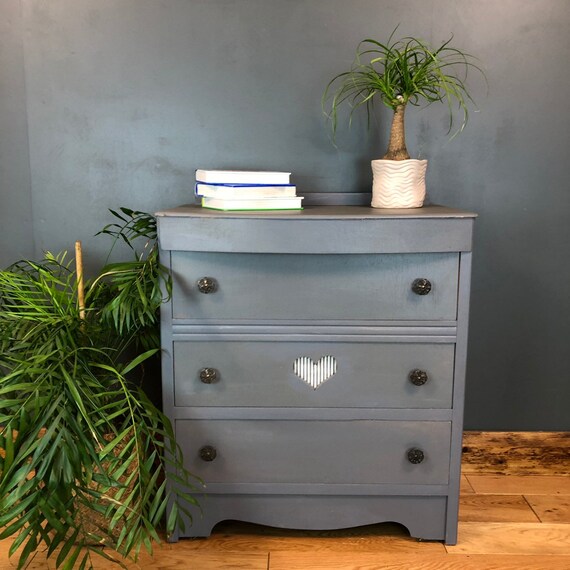 Boho Scandi Drawers Rustic Vintage Painted Shabby Chic Storage Grey/blue Heart