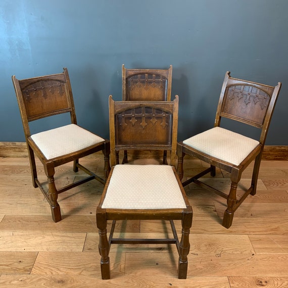 Set Of Four Mid Century Retro Chairs Tudor Style Upholstered Seat Seating Dining