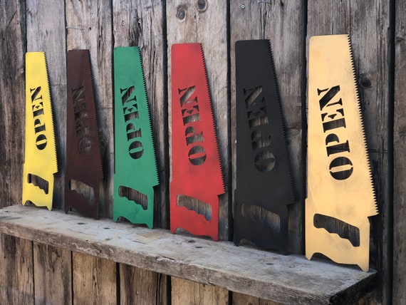 RUSTIC colourful OPEN SAW Sign Metal Pub Bar cafe Tattoo Barbers salon shop