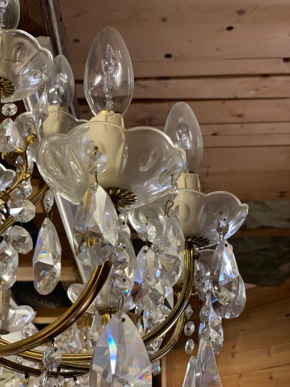 Vintage gilt metal & CRYSTAL CHANDELIER Large Multi Arm Light Lighting