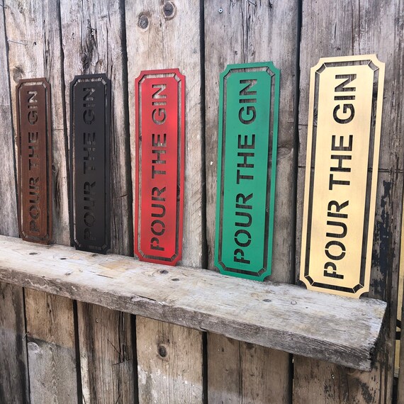 Rustic colourful POUR THE GIN Sign Metal Home Pub Cafe Bar Cocktails Kitchen vintage shabby chic