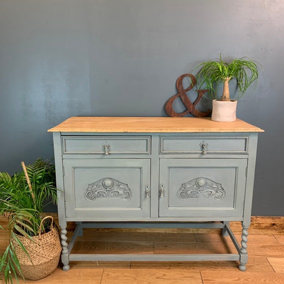 Vintage Cupboard Drawers Sideboard Painted Light Blue Green Rustic Cabinet