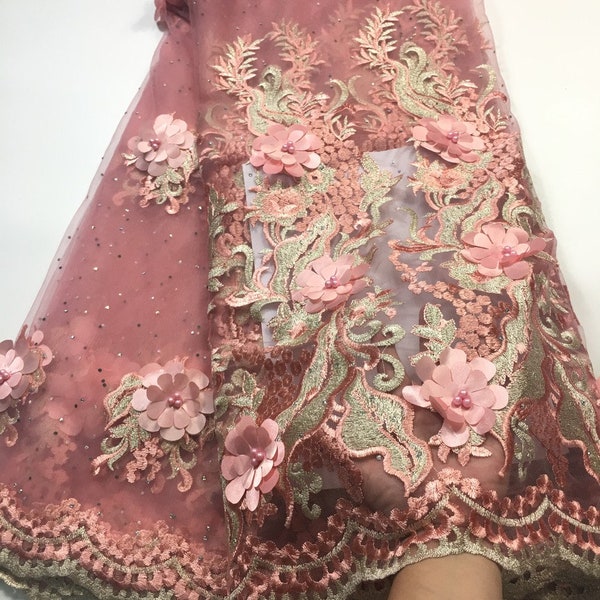 Elegant French Mesh Embroidery Tulle 3D Flower Fabric African Nigerian Lace Fabric For Wedding Party Dress 5Y/PCS