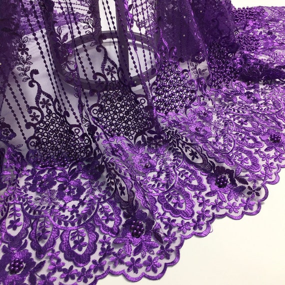 Latest Nigerian Lace Fabrics for Wedding 5Yardspcs Purple French 3D Lace African Lace Fabric 2020 High Quality Lace with Beads