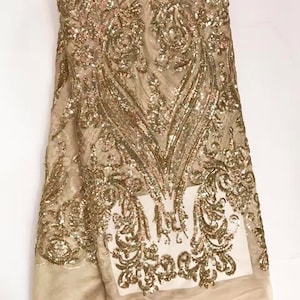 1yards 2021 High Quality African Lace Fabric Gold , French Net Embroidery Sequins Tulle Lace Fabric For Nigerian party Dress Free shipping