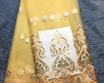 Latest French Lace Fabric yellow High Quality African Lace Fabric With Sequins Embroidery Nigerian Party Dress 5 yards free shipping