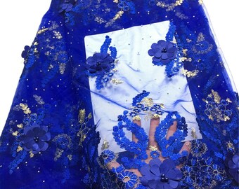 Lace Fabric Tulle 3D Net Lace fabric 2024 High quality blue bead African Bridal Wedding Fabric Headband Fabric 49" width 5yards M2990