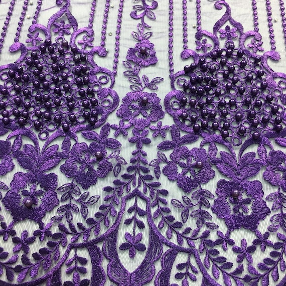 Latest Nigerian Lace Fabrics for Wedding 5Yardspcs Purple French 3D Lace African Lace Fabric 2020 High Quality Lace with Beads