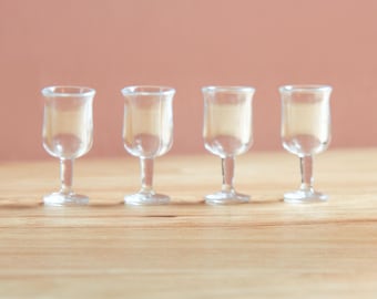 Set of 4 Miniature Wine Cup, Fancy Drink in Clear Plastic for Dollhouse Kitchen, Polymer Clay Food, Resin Crafts