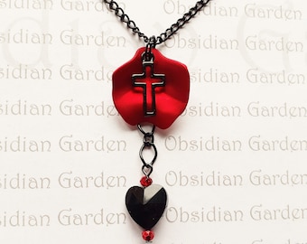 Gothic red rose and black heart original pendant necklace