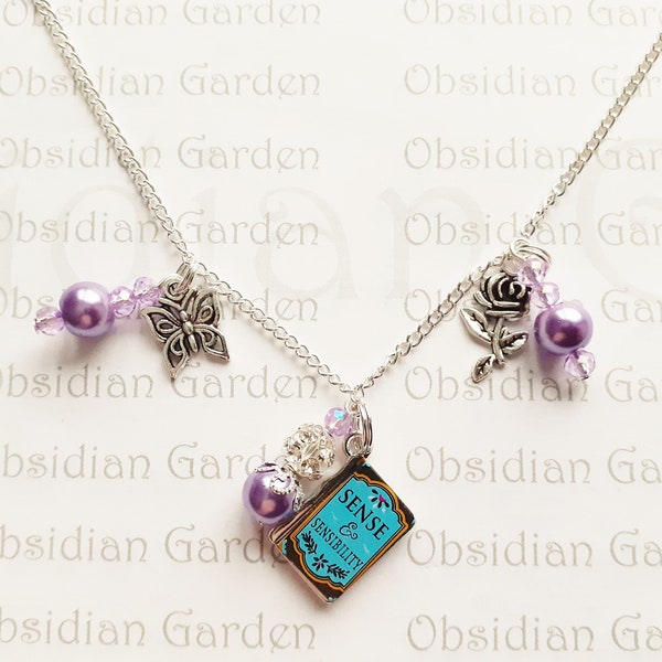 Perle lilas Jane Austen Pendentif « livre » Sense & Sensibility et collier de charme