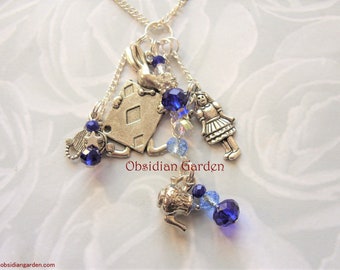Alice in Wonderland cluster charm necklace - dark blue