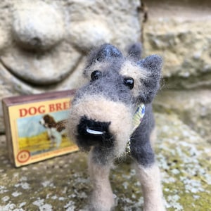 Op de afbeelding: Een naaldgevilte hondenfiguur met grijze en beige wollen vacht, zwarte kraaloogjes en een kleine zwarte neus. De hond draagt een halsband met patroon en staat naast een klein rechthoekig doosje met het opschrift DOG BREEDS en een afbeelding.
