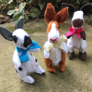 Pode incluir: Três brinquedos de coelho de feltro feitos à mão com diferentes cores de pele e gravatas de laço. Os coelhos estão em pé sobre uma superfície de concreto.