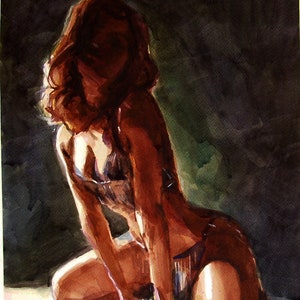 Aquarelle originale unique en son genre. Belle fille modèle nue. Art mural unique. décoration d'appartement