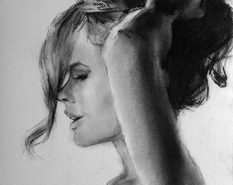 Original Charcoal Portrait Drawing: Minimalist Romantic Wall Art