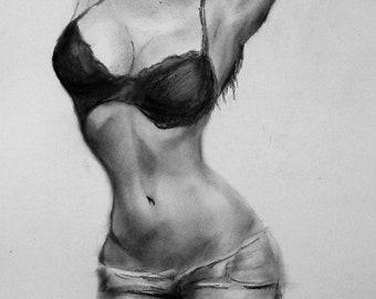 Original charcoal sketch. Beautiful figure of a girl. black and white minimalist drawing