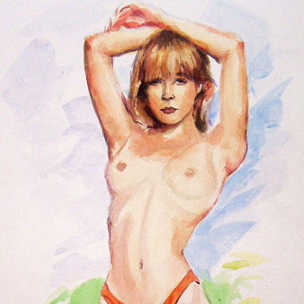 Dessin original. Belle jeune fille nue. Croquis aquarelle minimaliste