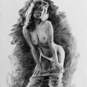 Original, оne of a kind charcoal sketch. Beautiful naked figure girl drawing. Minimalist black and white charcoal drawing  Interior design