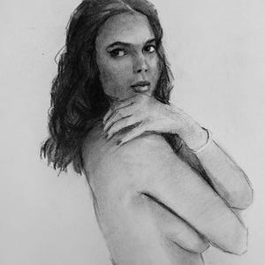 Original, One of a kind charcoal sketch. Beautiful naked figure girl drawing. Minimalist black and white charcoal drawing wall art Interior