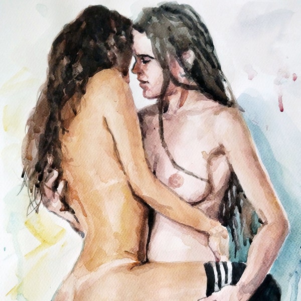 Digital download art. Drawing of a Lesbian in watercolor. Wedding gift for lesbians