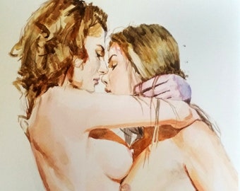 Drawing of lesbians in watercolor. minimalist art Wedding gift for lesbians