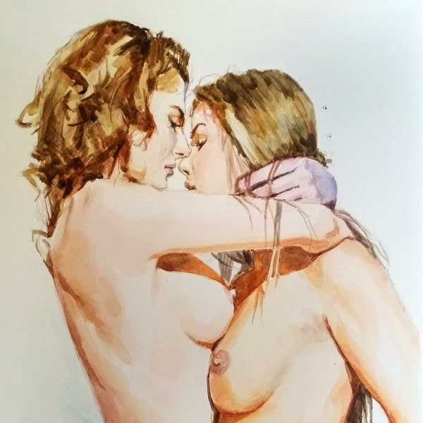 Drawing of lesbians in watercolor. minimalist art Wedding gift for lesbians