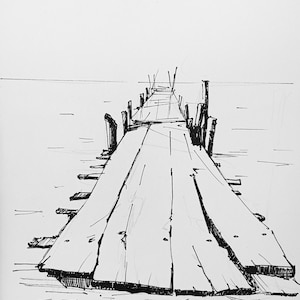 May include: A black and white ink drawing of a wooden pier extending out into the water. The pier is made of planks of wood and has wooden posts on either side. The pier is empty and the water is calm.