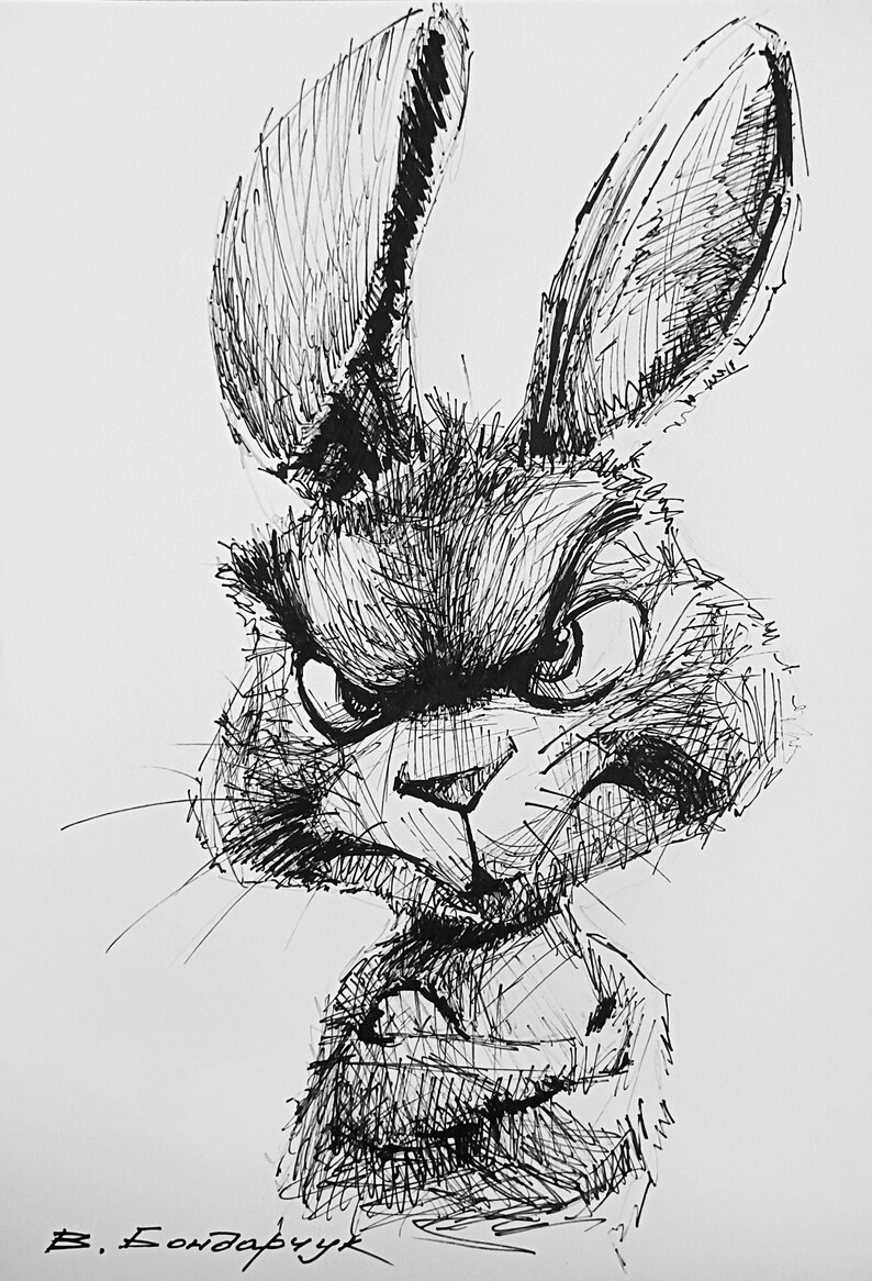 Original Drawing With Black Marker. Funny Hare Sketch. Unique ...