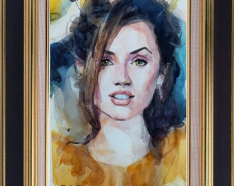オリジナル水彩画。女性の肖像画。ミニマリストのソウルメイトの絵