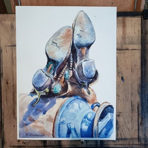 Dipinto ad acquerello originale. Natura morta da cowboy. Arte minimalista come regalo per un contadino all'interno