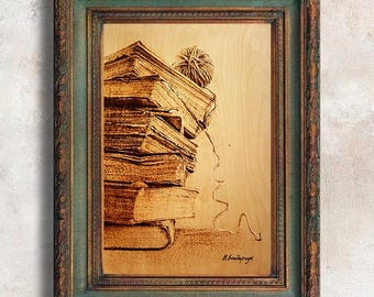 Original painting anniversary gift. Dark academia book lover gift. Unique wall decor interior design artwork. wood art commission