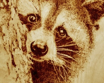 Raccoon. Unique Wood Burned Artwork: Stunning Realistic Drawing with Pyrography Technique