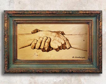 Original Pyrography Painting - Unique Wood Wall Art for Interior Design, Office Decor Handshake, Fine Art Painting Gift Artwork