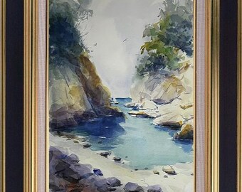 オリジナル水彩画、海辺の風景画、自然風景の壁掛けアート、海辺の装飾