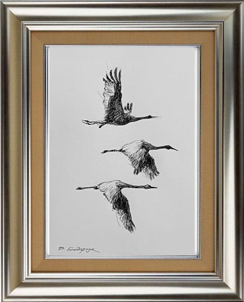 Original Painting. Drawing of Cranes. Minimalist Black and White Art - Etsy