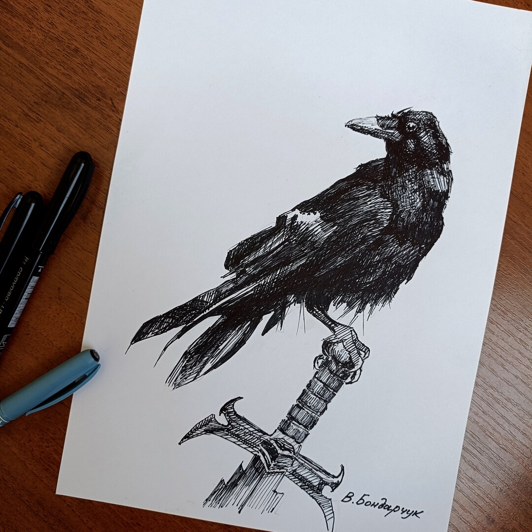 Realistic Drawings With Black Marker. Black Raven. Sketches Etsy
