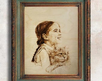 Original Pyrography Painting - Unique Wood Wall Art for Interior Design, Nursery Wall Decor, Cute Cat Portrait, Wood Art Gift