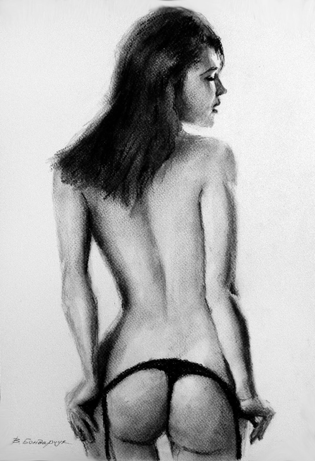Dibujo original. Chica desnuda de espaldas. Bosquejo de carbón minimalista  en blanco y negro - Etsy España