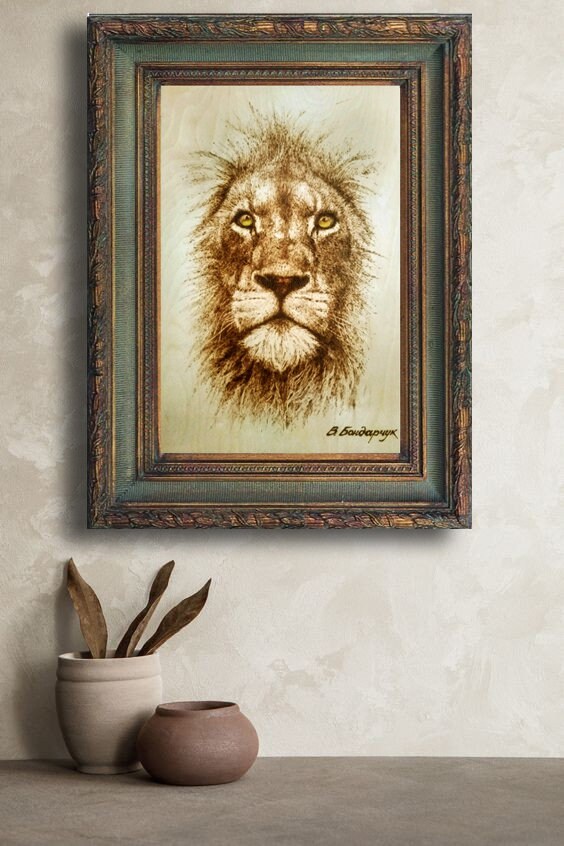 オリジナル焼き絵。ライオンの肖像画。ウッドバーニングアート - Etsy 日本