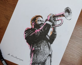 Original Black marker with drawing. Minimalist black and white sketch illustration of a jazz musician