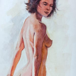 Disegno originale di schizzo ad acquerello, unico nel suo genere. Bella figura nuda di una ragazza. Decorazione unica e minimalista per pareti ad acquerello.
