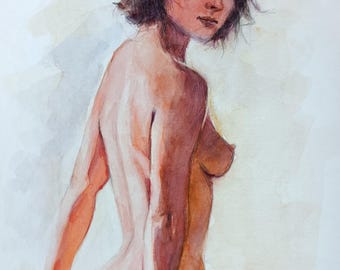 Original one of a kind drawing watercolor sketch art. Beautiful naked figure of a girl. Unique Minimalistic watercolor wall art decor.