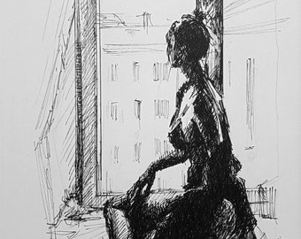 Drawing with black marker. Girl at the window art. Unique Minimalist black and white illustration. One of a kind sketch with marker