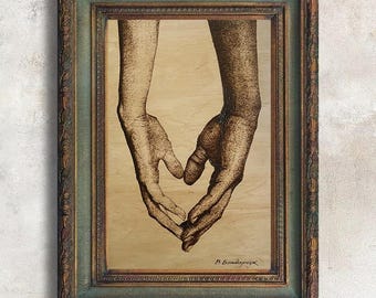 Original Wood Burning Art Hands Heart, 5th Anniversary Gift