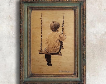 Original Unique Pyrography Painting. Boy on a swing art. Wood burning